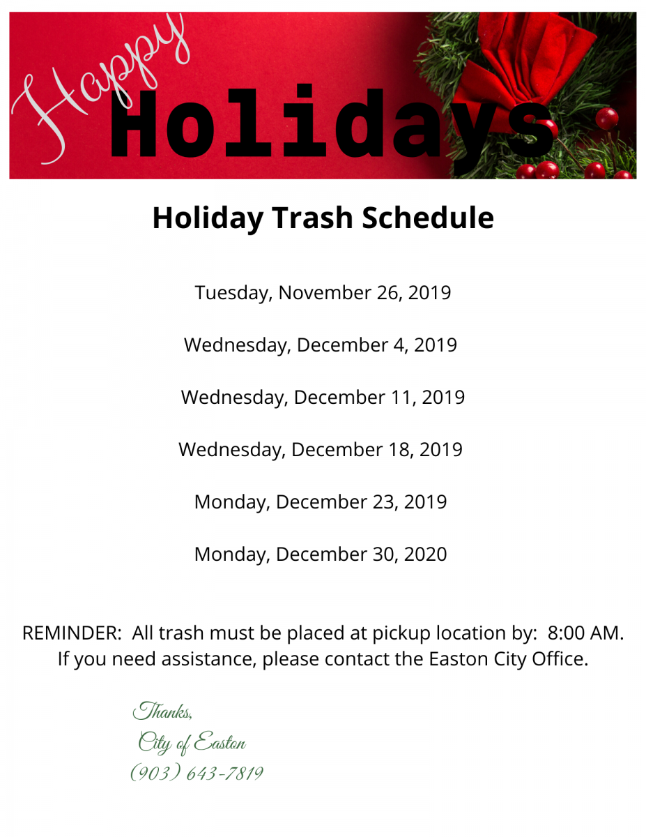 Holiday Trash Schedule